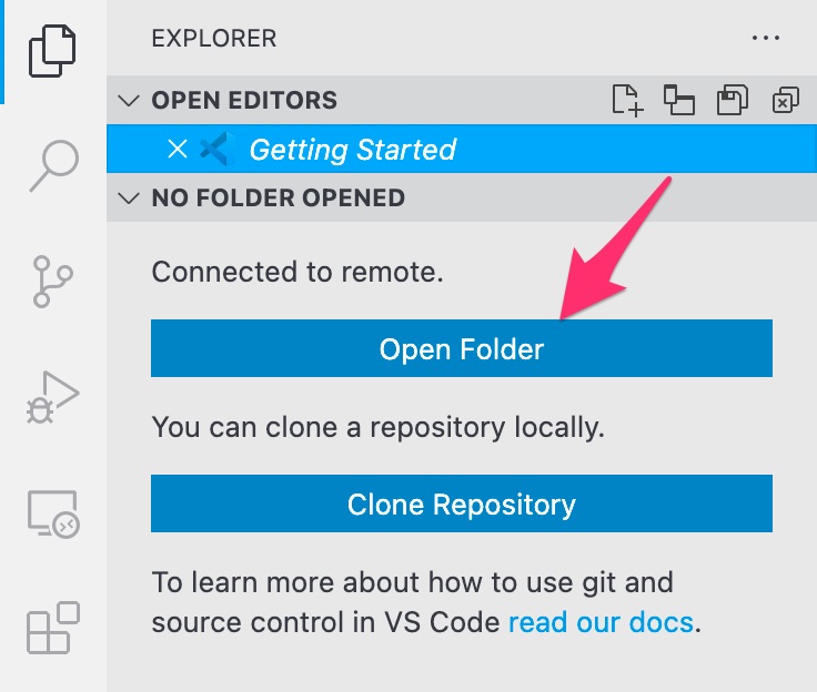 Open remote folder in Visual Studio Code