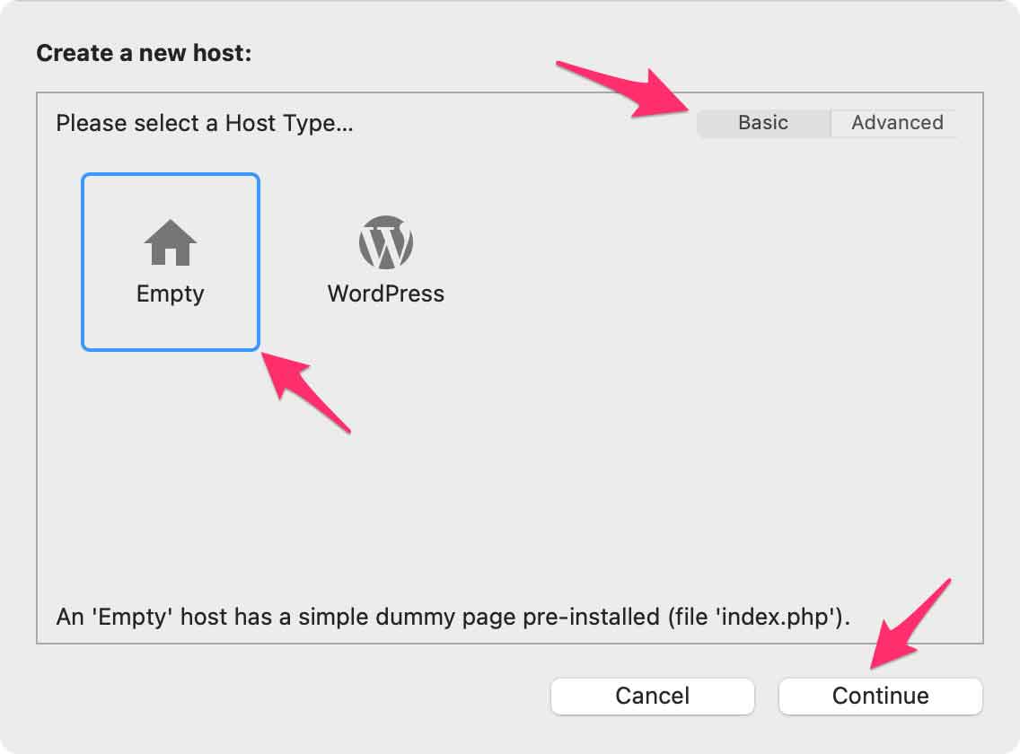 Create a new empty host in MAMP Pro