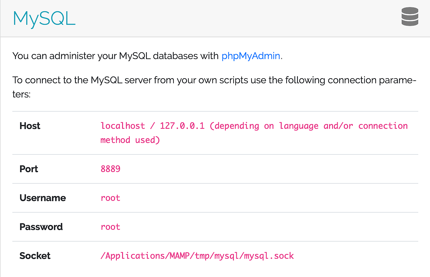 MySQL info on WebStart page