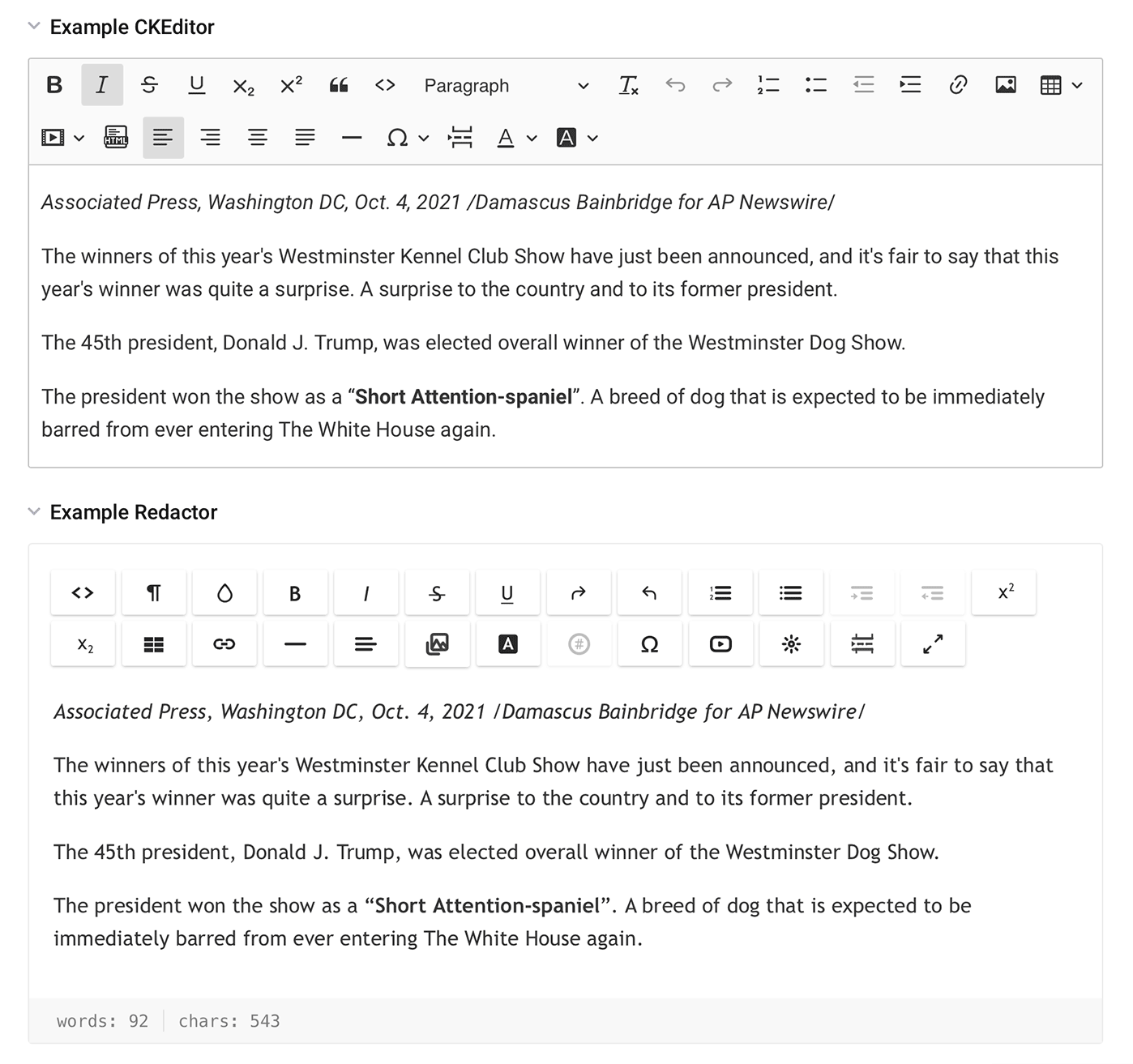 Example of CKEditor and Redactor Rich Text Editors